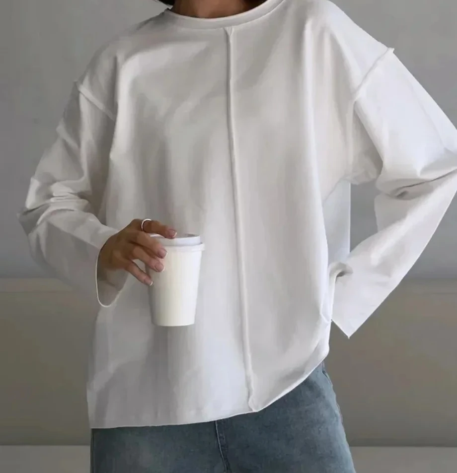 

Spring Summer New Casual Top Loose Women's Long Knitted Cotton T-irt Soft Cozy round Pullover