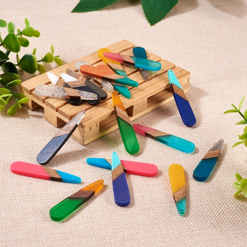 20pcs Big Resin & Walnut Wooden Pendants Teardrop Dangle Charms for DIY Earring Necklace Jewelry Making Home Decoration