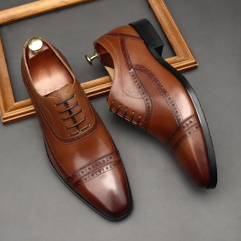 

High Quality Men's Oxford Formal Shoes Black Brown Pointed Toe Lace Up Office Business Wedding Genuine Leather Shoes For Men