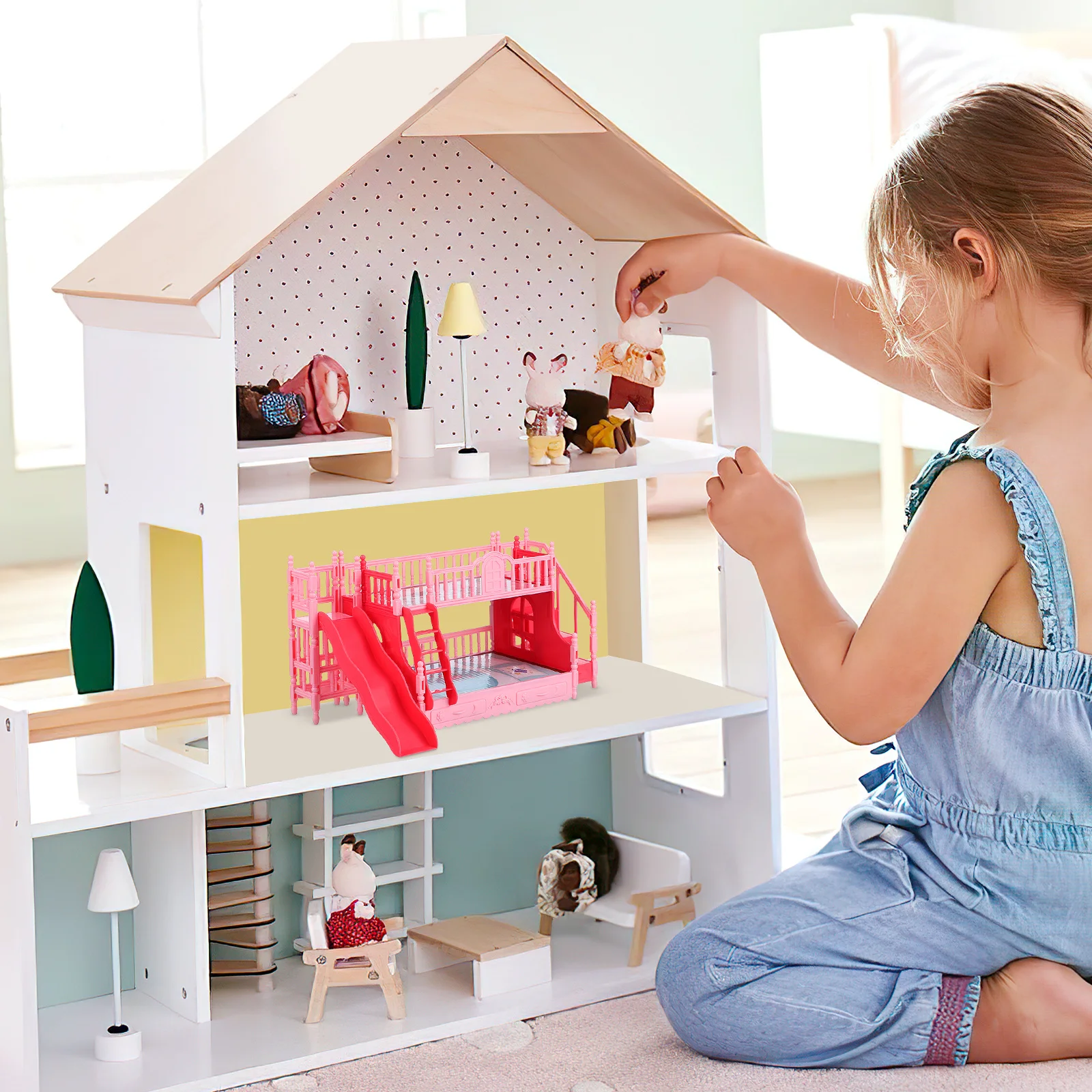 

Small Miniature Double-Deck Bunk Bed Lightweight Compact Bedroom Layout Dollhouse Furniture Accessory House Furniture