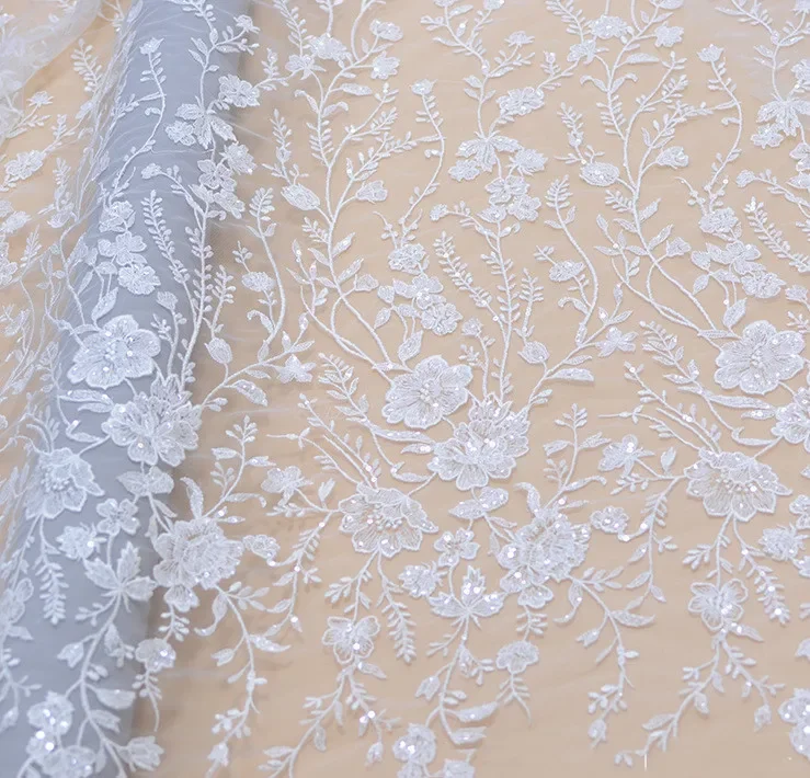 

Soft Mesh Embroidery Sequin Fabric Lace Leaves Flower Wedding Dress Bridal Lace Fabric Background Decoration Accessories