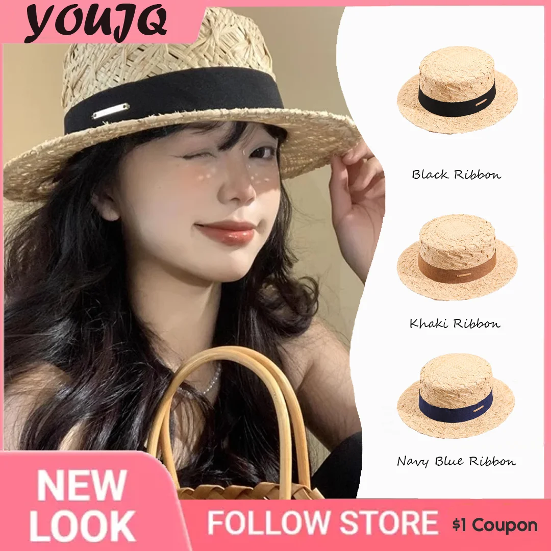 

Fashionable Summer Sun Hat for Women with Hepburn Style and French Style Seaside Flat Top