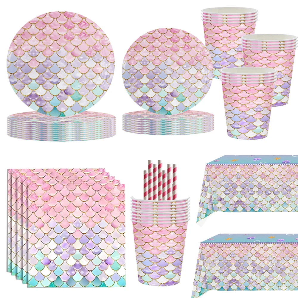 Pink Mermaid Disposable Tableware Birthday Party Decoration Baby Shower Kids Boys Girls Supplies Tablecloth Balloon Plates Cups