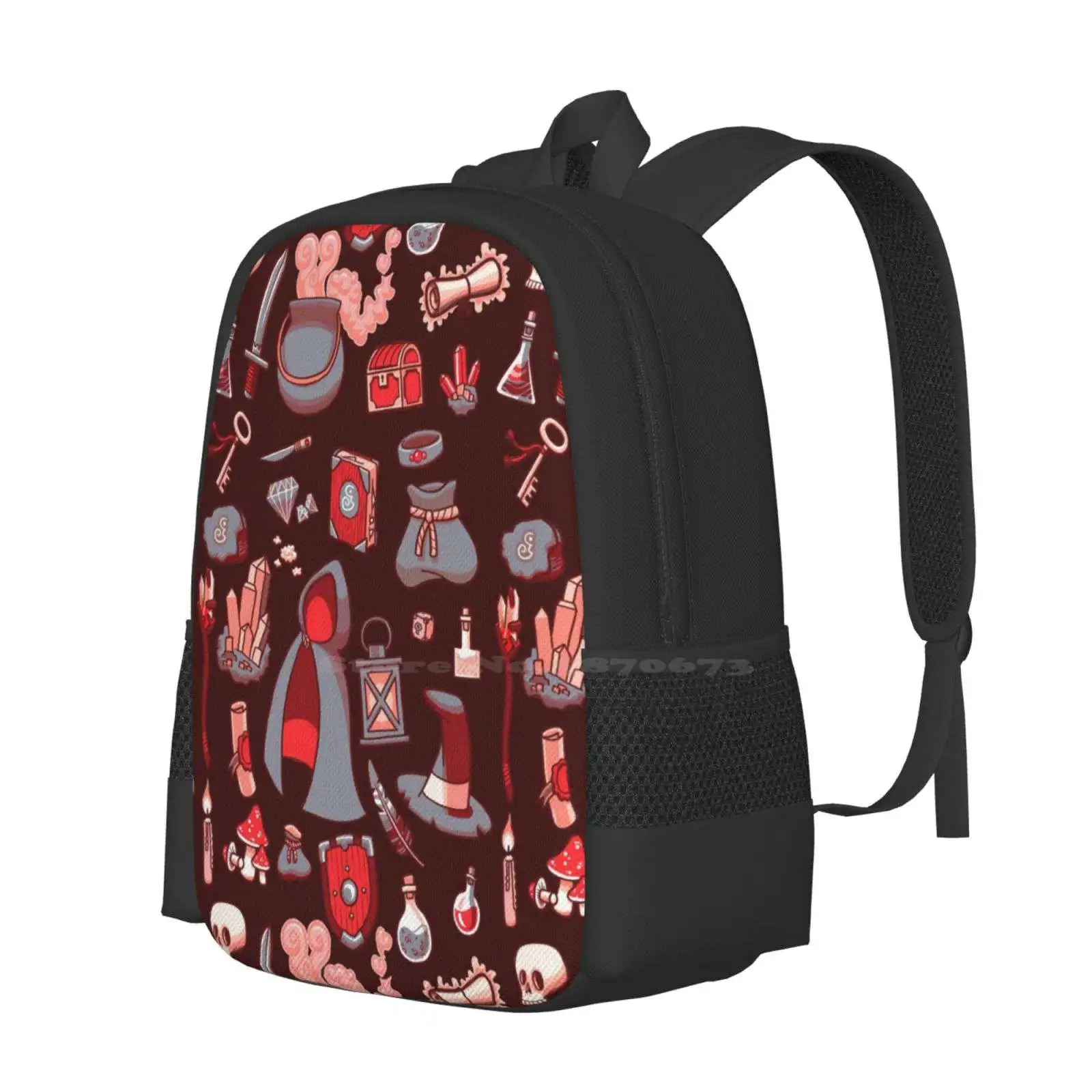 Magic Stuff Fashion Pattern Design Travel Laptop School Backpack Bag Rpg Magic Sorcery Sword Nerd Potion Scull Chest Mushroom