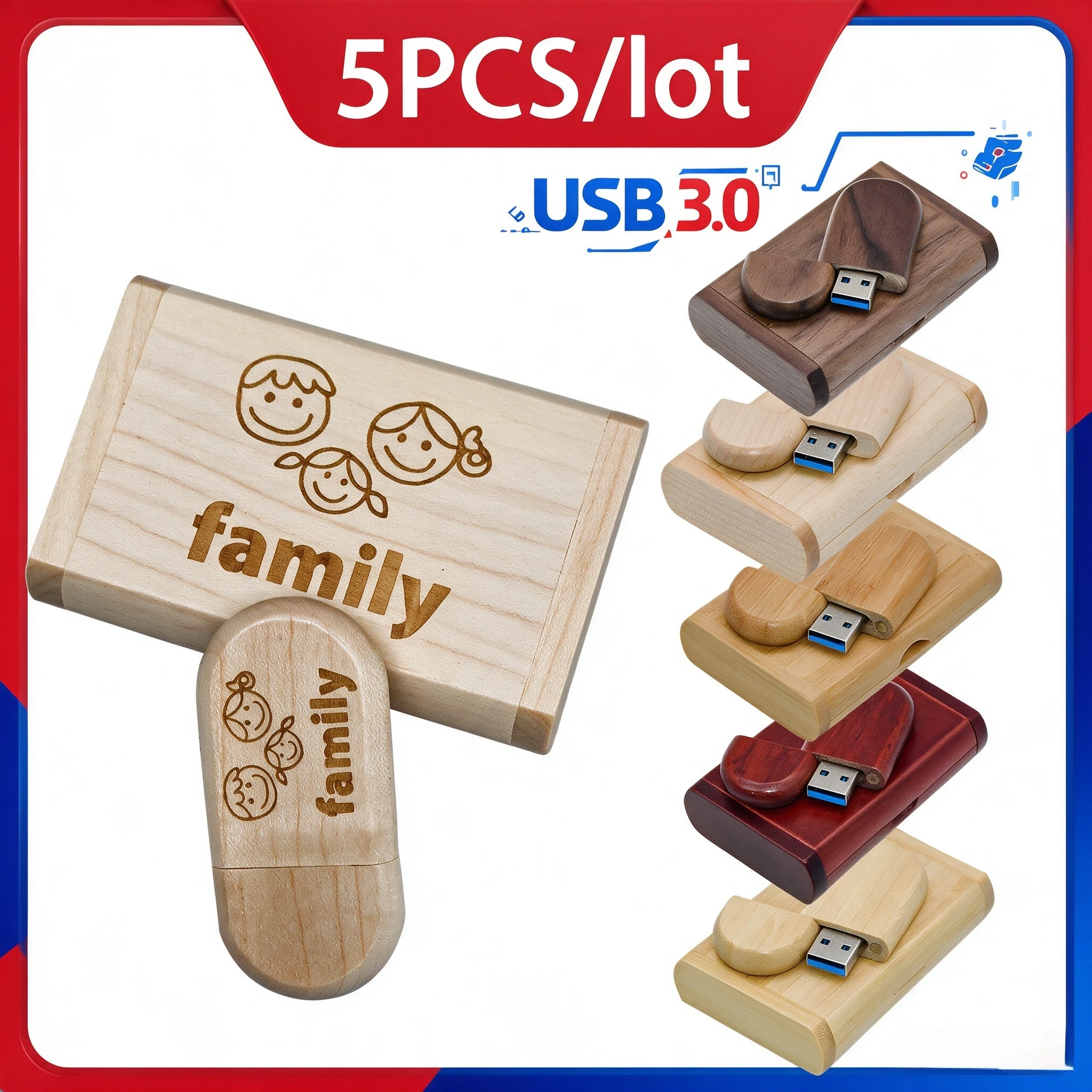 5PCS/LOT USB 3.0 Wooden USB+Box Pen Drive 4GB 16GB 32GB 64GB USB Flash Drive Pendrive Memory Stick Free Custom Logo for Gift