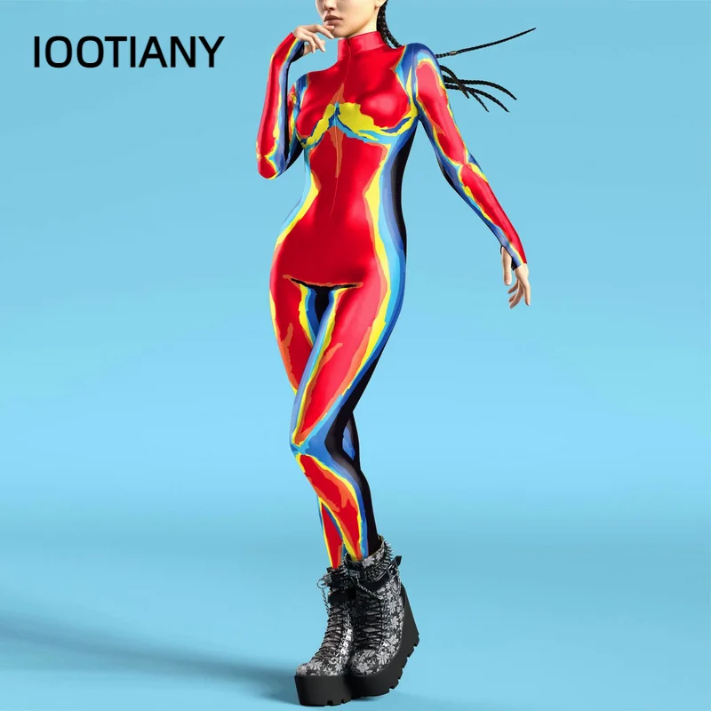 2024 Women Jumpsuit clothing Colorful Texture 3D Print Bodysuit Thumb Sleeves Cosplay Costume Front Zipper Zentai Fitness Outfit