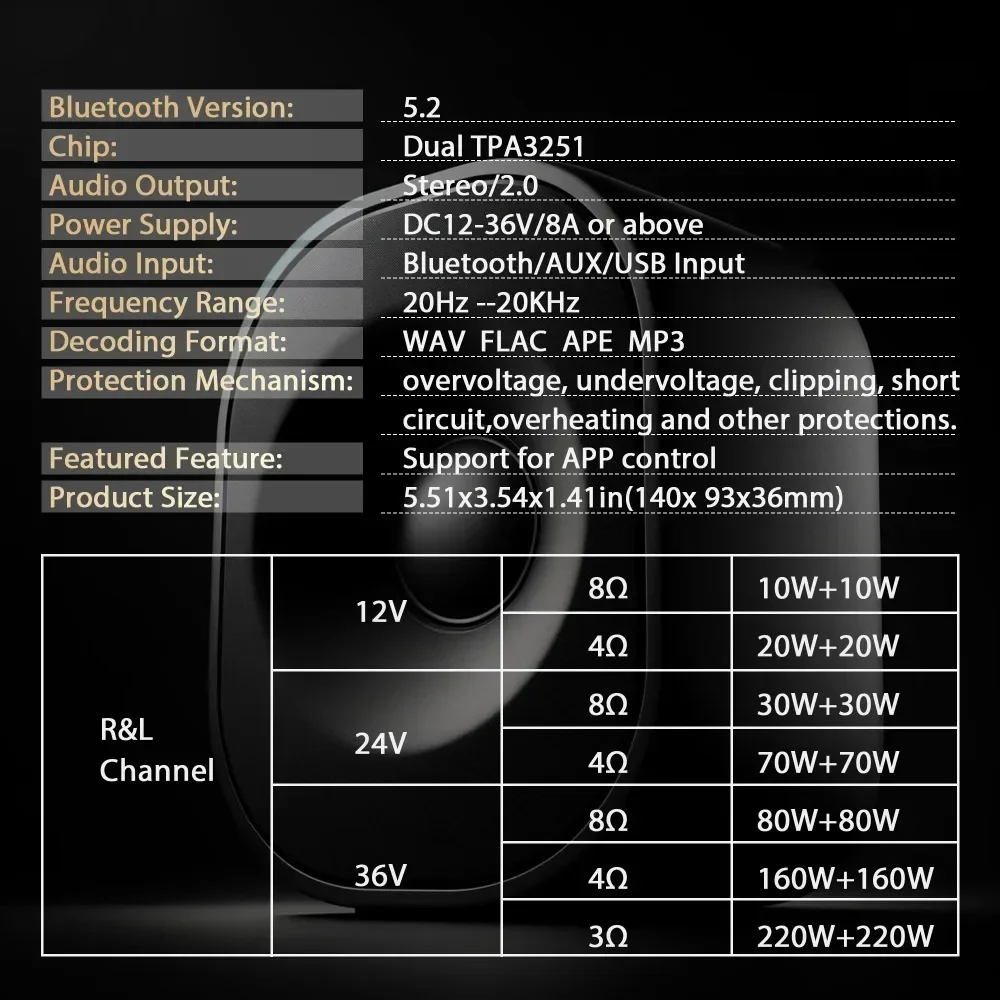 T220H Amplifier Audio BT Lossless Level demam, modul papan penguat Stereo penyesuaian frekuensi tinggi dan rendah Tpa3251 220W * 2