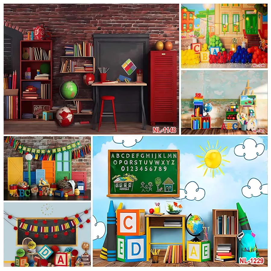 

Back To School Backdrops ABC Alphabet Blackboard Bookcases Children First Day of School Photo Backdrop