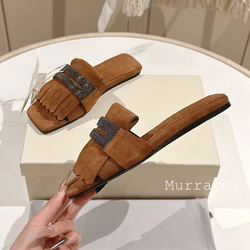 One Strap Tassels Design Flat Bottom Slippers Women Square Toe Cow Suede String Bead Decor Slippers Summer Vacation Shoes