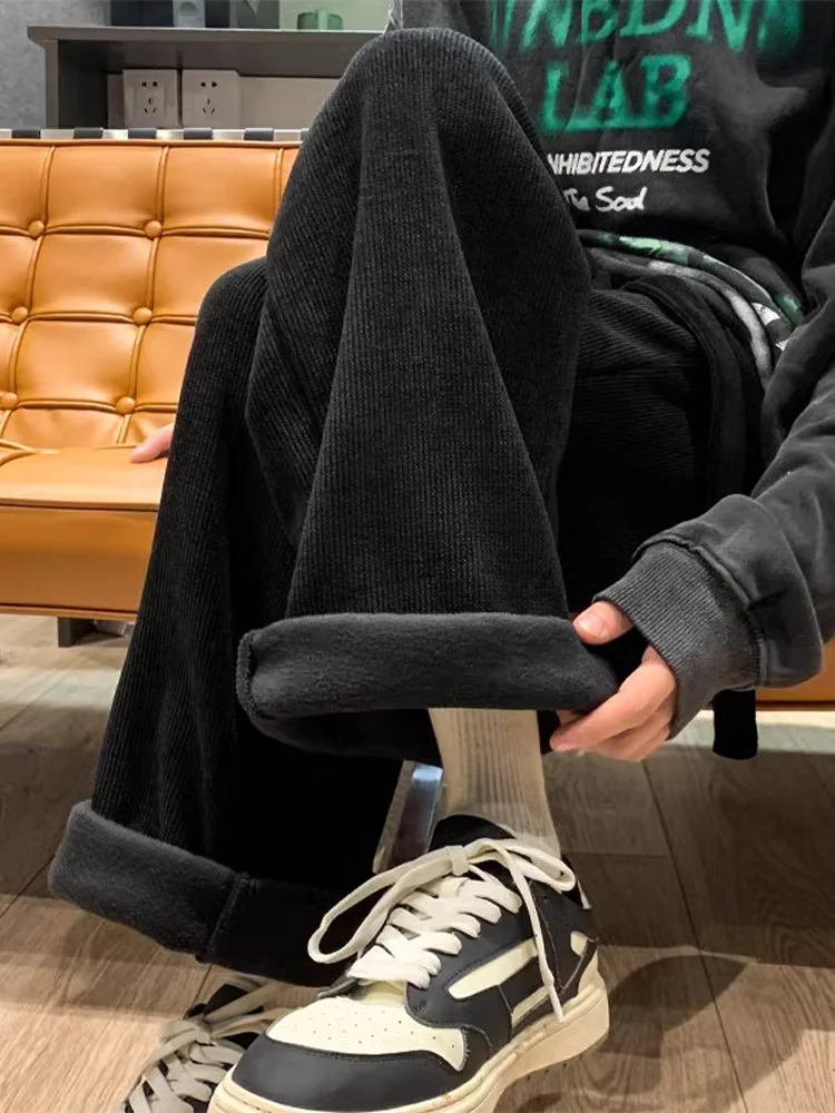 

Мужские зимние теплые вельветовые брюки на флисовой подкладке, утепленные, с широкими штанинами, плотные, прямого кроя, повседневные, с защитой от холода