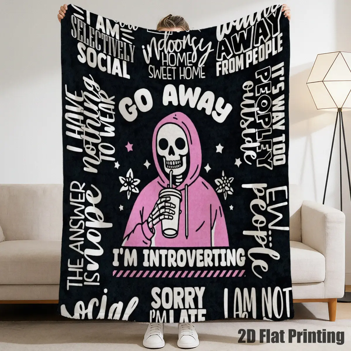 A 2D Flat Throw Blanket Featuring a Gothic Skeleton with Quotes, Dressed in a Pink Hoodie And Holding a Drink. Perfect for Relaxing on The Sofa, Napping in The Bedroom, Or for Introverted Gatherings