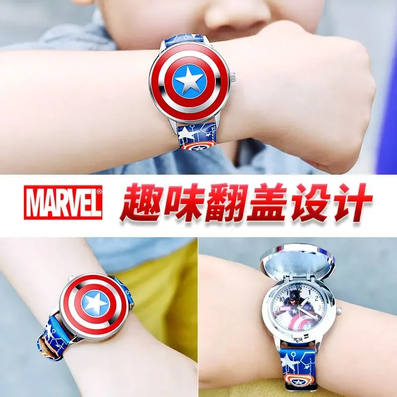 

Disney spiderman Kids watch Captain America ironman children's watches Leather Quartz Flip Metal Case Watches Boys Clock gifts