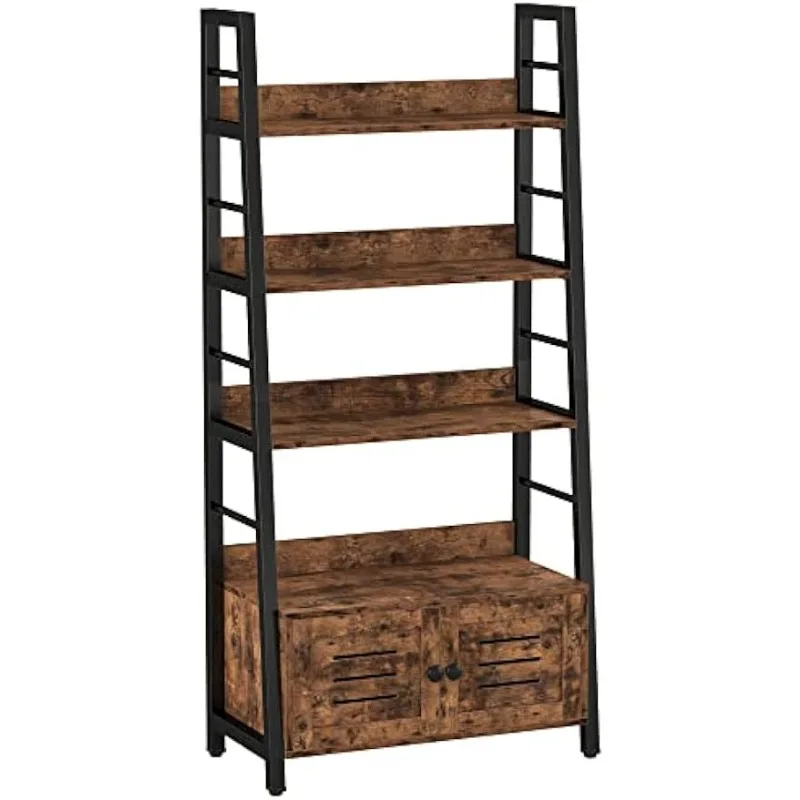 

Bookshelf with Louvered Doors, 3-Tier Ladder Shelf with Cabinet Industrial Accent Furniture