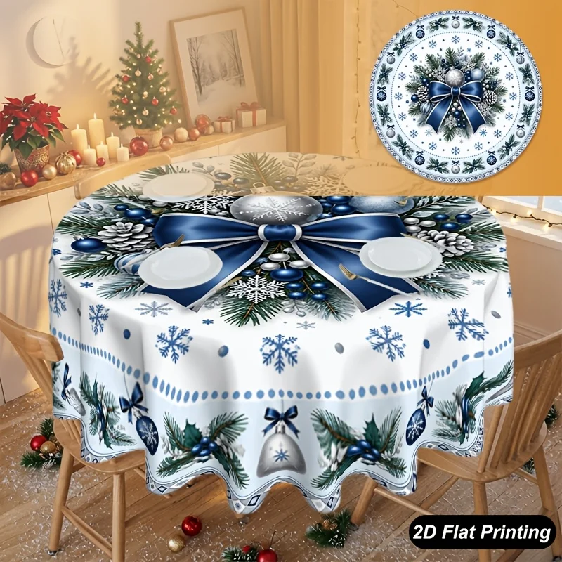 1 piece, Christmas round tablecloth, blue Christmas bow, perfect to decorate your table and home environment
