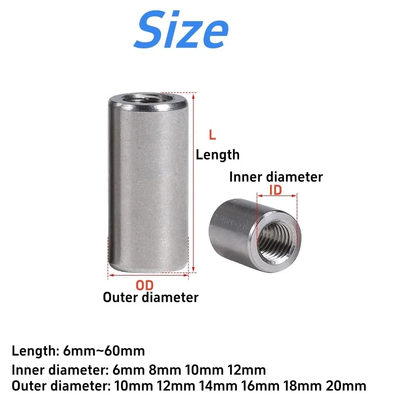 304 A2 Stainless Steel Thickened & Extended Cylindrical Coupling Nuts M6 M8 M10 M12 Tubular Joint Sleeve Connector Nuts