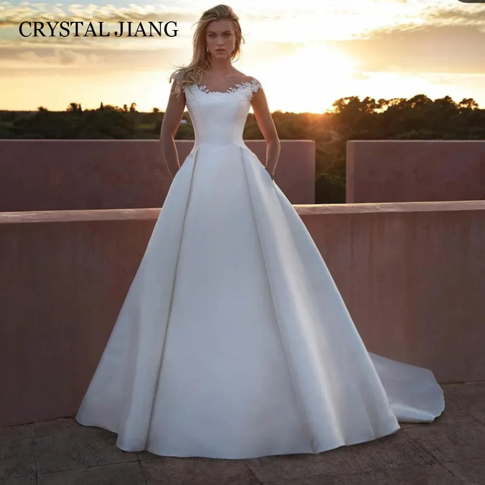 

Fashion Long White O Neck Satin Wedding Dresses Sleeveless with Appliques A Line Sweep Train فستان الزفاف Bridal Gowns