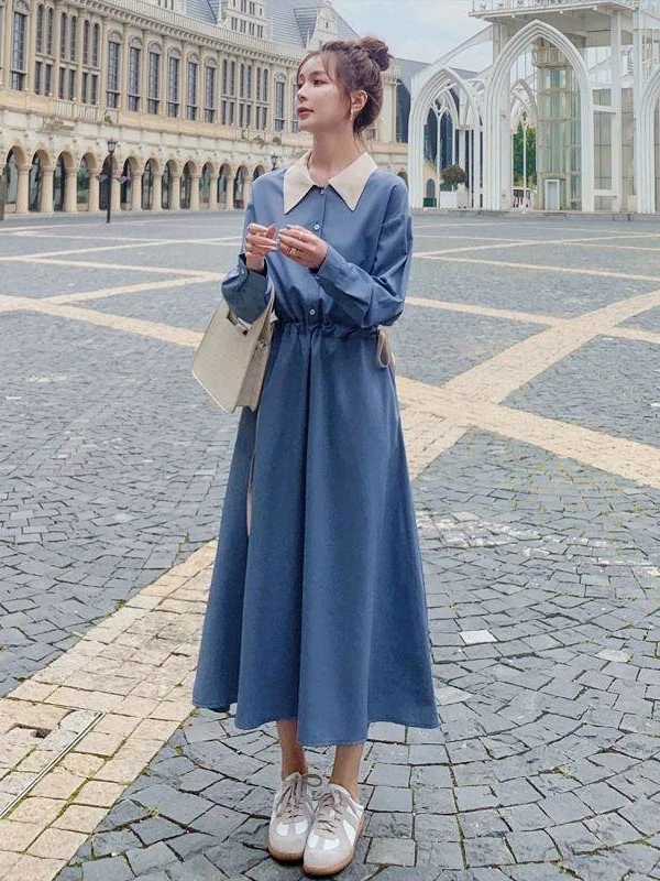 สลิมมิ่งยาว Sve irt Dr ผู้หญิงฤดูใบไม้ผลิฤดูใบไม้ร่วงใหม่ Sle สี Blo เอว Cinched Casual Universal Fit อื่นๆ