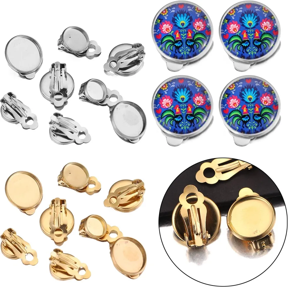 10Pcs 8/10/12/14mm Stainless Steel Round Flat Ear Clip Base Cabochon Bezel Tray Earrings Clips For DIY Jewelry Making Findings