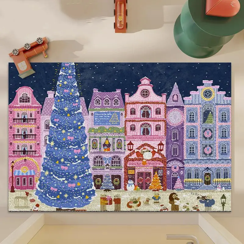Cartoon Christmas Town Blue Xmas Tree PVC Wire Loop Coil Door Mat, Non-Slip Dust Removal Easy Clean Entryway Rug Xmas Decor