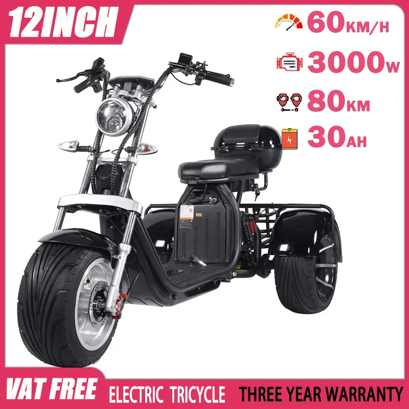 Electric Tricycle Adult Electric Motorcycle Off-road Mountain 3000W60V30AH 12 Inch Fat Tire Electric Scooter Customizable colors