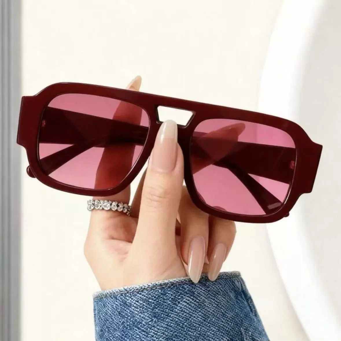 Retro Double Bridge Square Frame Sunglasses 2026 Burgundy Translucent Lenses Sweet Cool Style for Hot Girls Big Face DS-3935