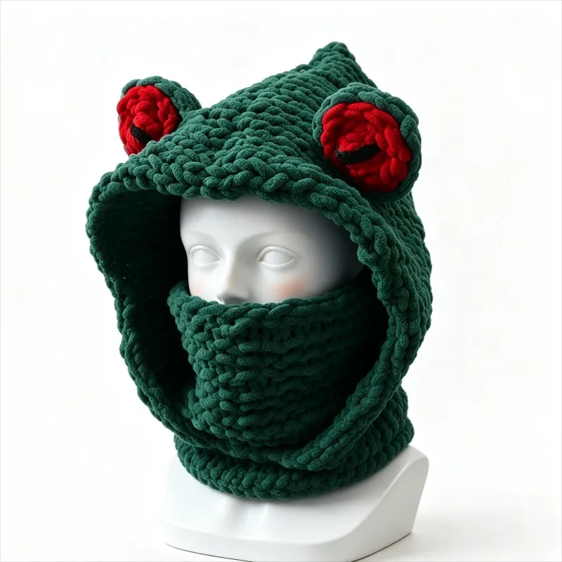 Handmade Crochet Frog Balaclava Hat Women Ice Yarn Knitted Hooded Neck Warmer Winter Warm Cute Animal  Funny Cosplay Headwear