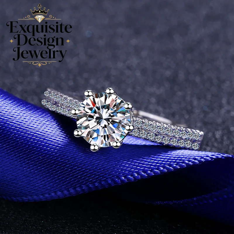 Exquisite Platinum PT950 Crown Six-claw 1-carat Moissanite Ring Channel-set Diamonds Simple Wedding Band Fine Jewelry Gifts