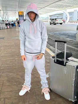 Y2k Hosen Casual Lose Baumwolle Gedruckt Trainingsanzug Straße Männer Hoodies Gerade Hosen 2-teiliges Set Hip Hop Sport Mit Kapuze Pullover