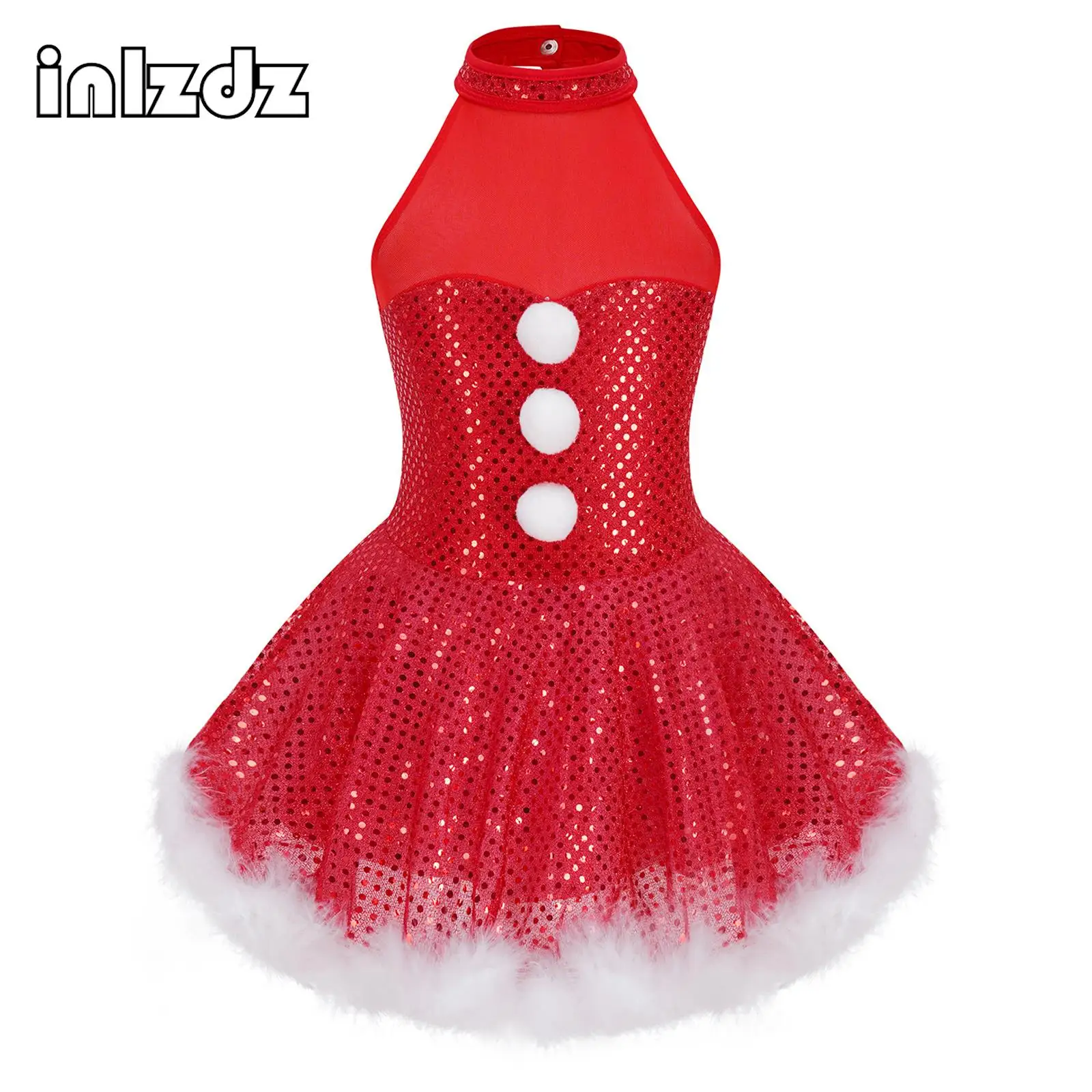 Christmas Dance Costumes for Girls Xmas Santa Snowman Dance Dress Sequins Cage Back Gymnastics Ballet Dance Leotard Tutu Dress