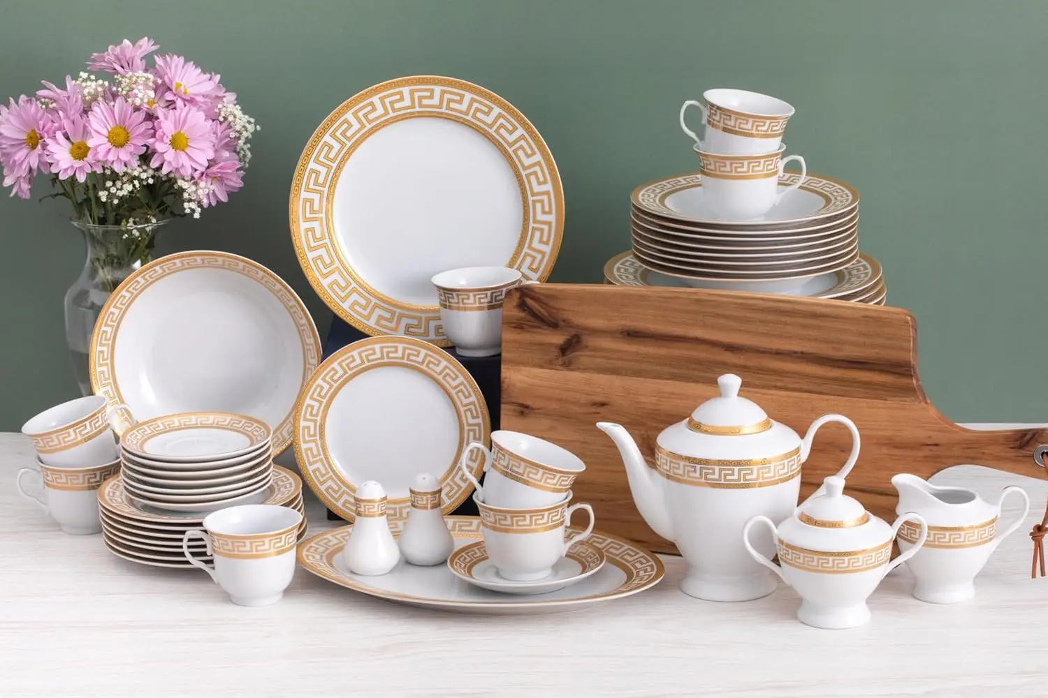طقم أواني طعام بورسلين مكون من 8 قطع - طقم أطباق فاخر مكون من 49 قطعة - تصميم مفتاح يوناني أبيض وذهبي - أطباق عشاء وأوعية وأكواب و