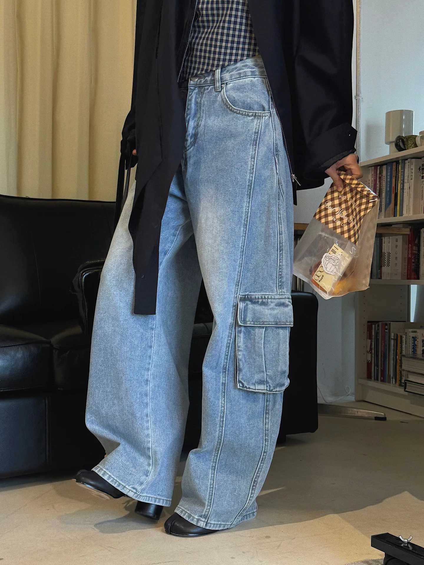 

Spring/Summer New American Retro workwear Style Pocket Symmetrical Splicing Jeans Loose Water Washed Pants for Women