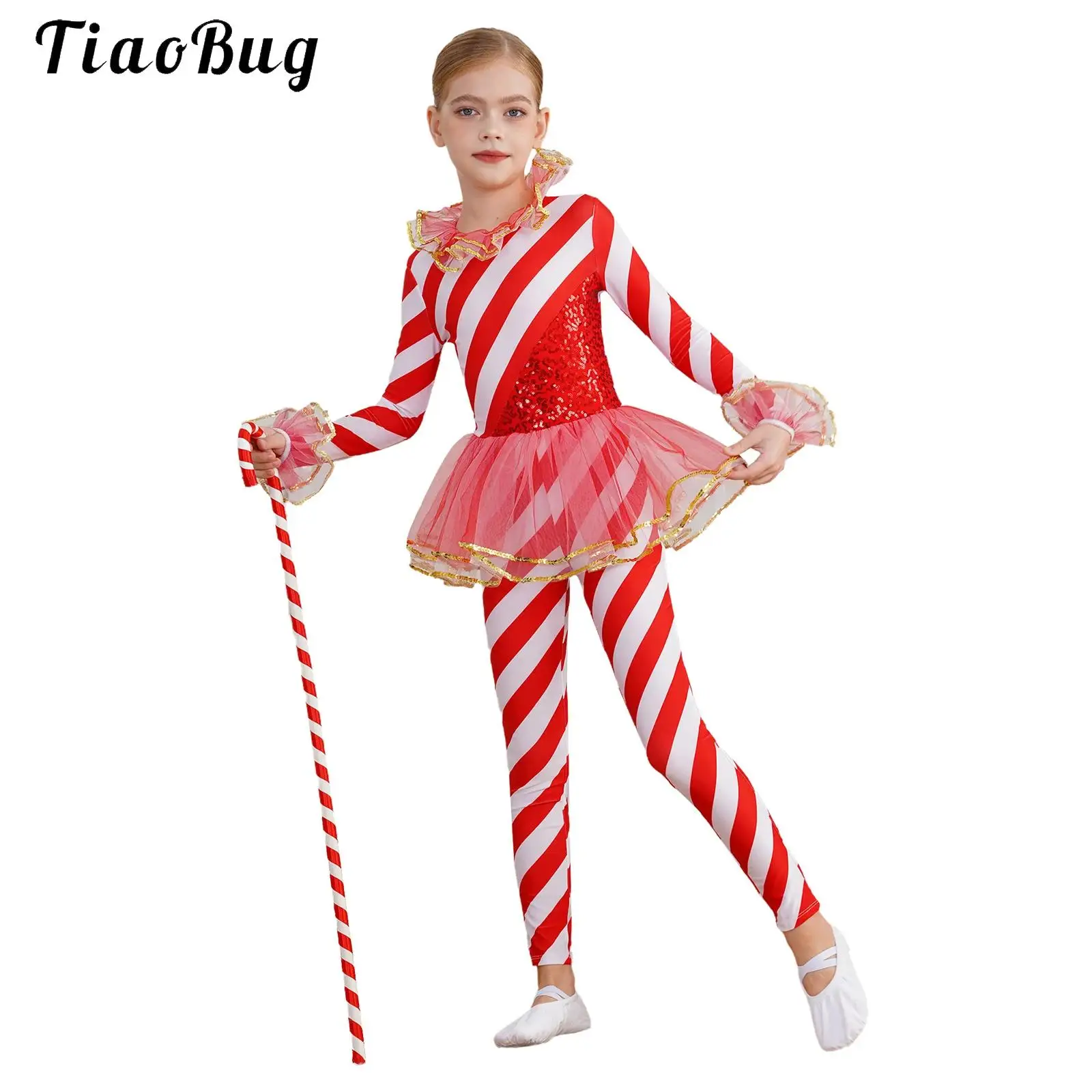 

Kids Girls Christmas Candy Cane Striped Sequins Dance Bodysuit Jumpsuit Unitard Gymnastics Leotard Ballet Skating Dancewear
