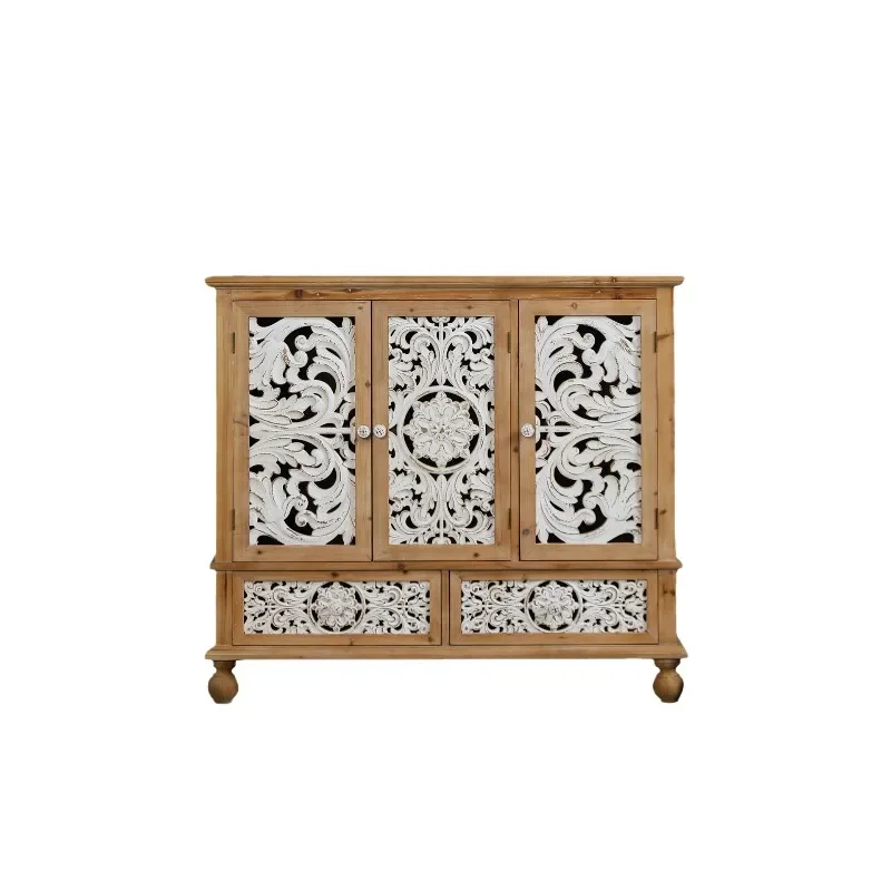 

American rural retro carved hollowed-out three-door dining side cabinet solid wood homestay creativity