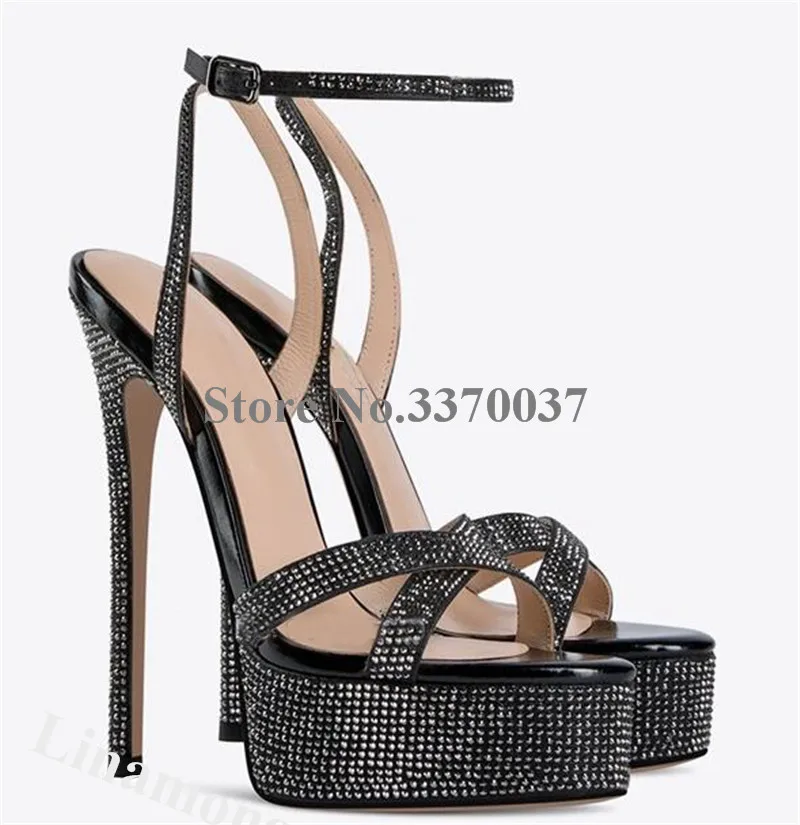 Bling bling strass sandálias linentre encantador preto prata cristais plataforma salto stiletto sapatos de festa de casamento saltos