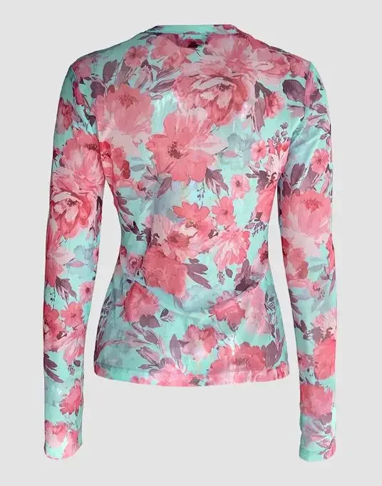 Women's Blouses Watercolor Floral Print O-Neck Long Sleeve Mesh Tee Slim Semi Sheer Layering Top with Thumb Hole Cuffs for Women