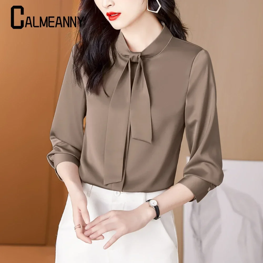 

Women's Clothing 2025 Spring Elegant Solid Color All-match Lace Up Satin Blouse New Casual Pullovers Loose Office Lady Shirt