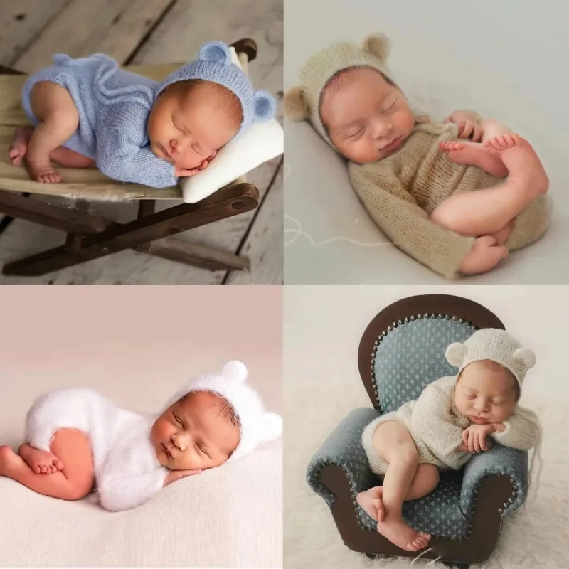 Newborn Photography Outfit Mohair Hand-knitted Teddy Bear Ears Hat + Rompers Baby Photo Props Infant Photoshoot Accessories