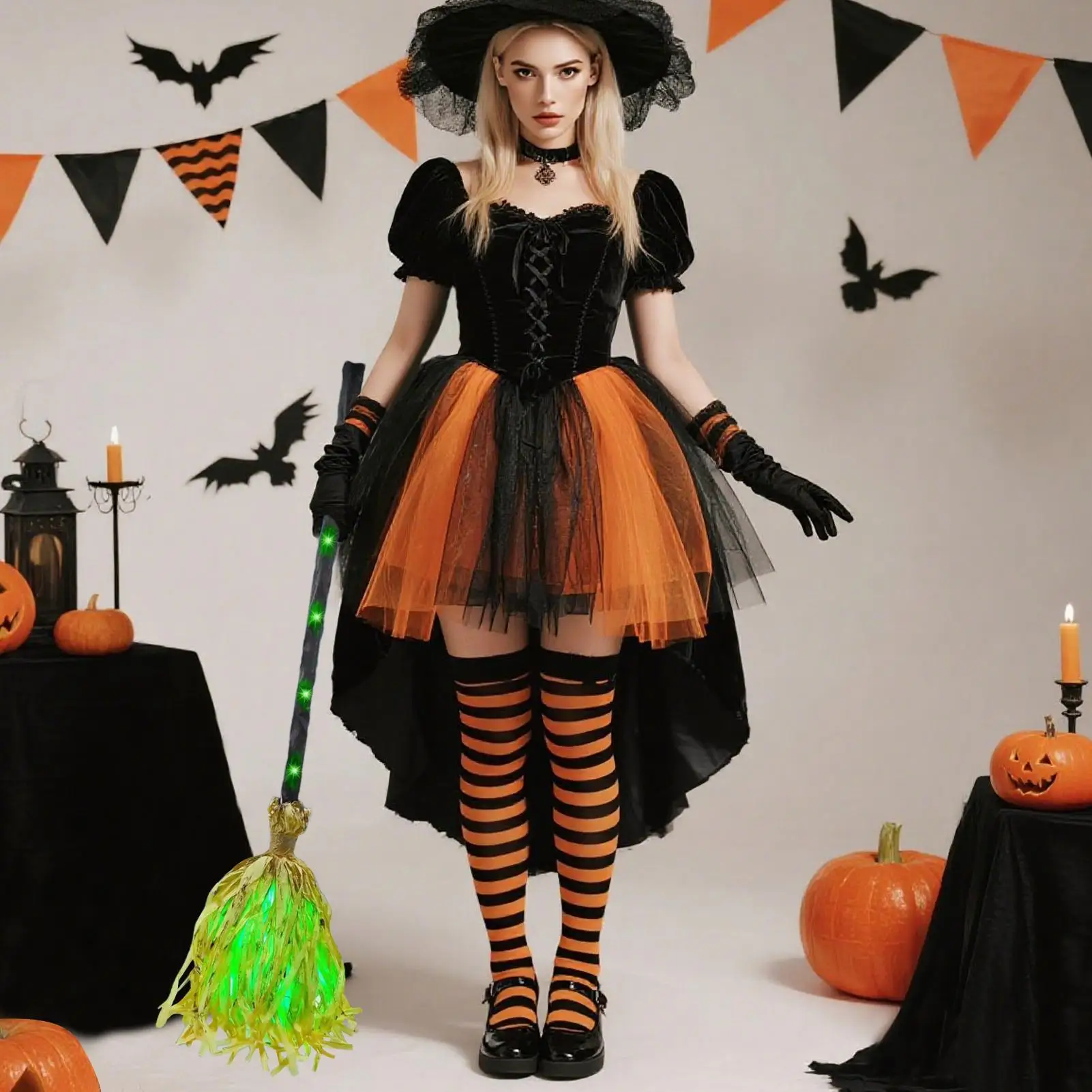 Glowing Magic Witch Broom with Sound Activated Haunted Dancing Effects for Halloween Party Escape Room Indoor Decorations