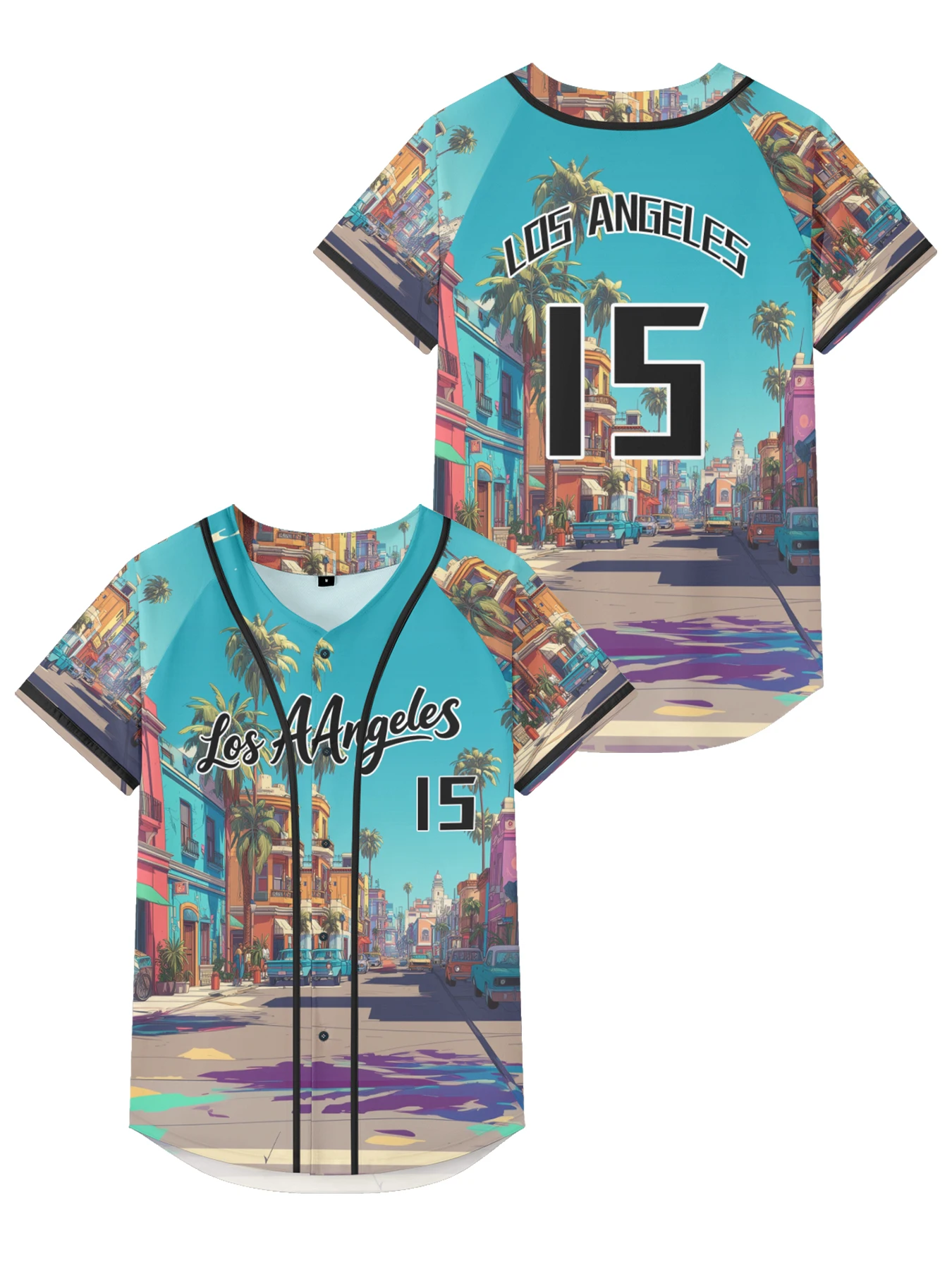 

Casual Men jersey Los Angeles West Coast Print Jacket Vaporwave Baseball jersey Number 15 short sleeve button down tops
