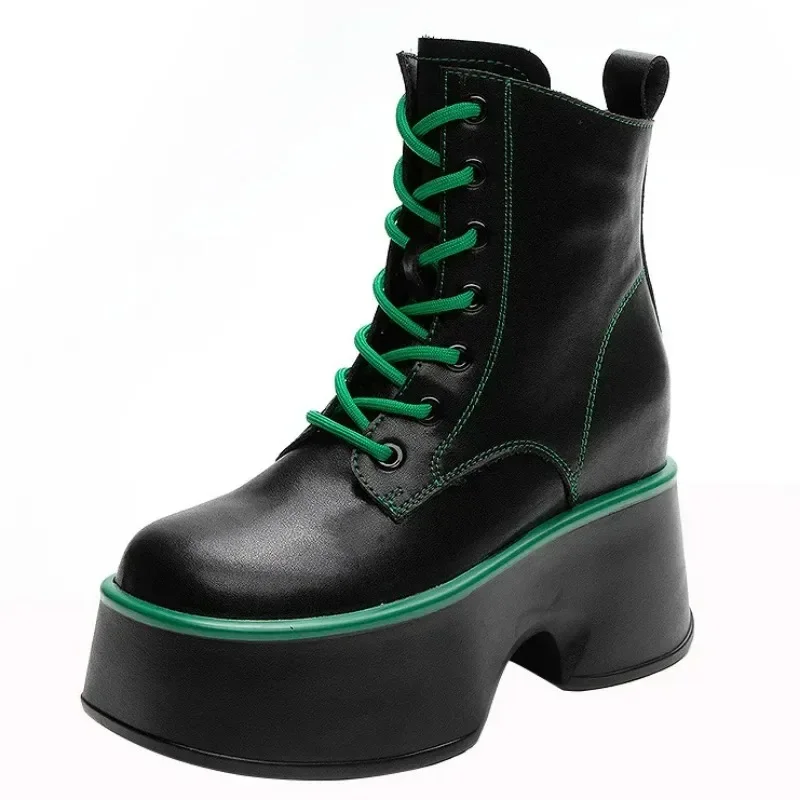 Botas de bezerro de couro genuíno para mulheres, tecelagem de plataforma, renda para cima, sapatos confortáveis, qualidade superior, primavera, outono, inverno, motocicleta, 11cm