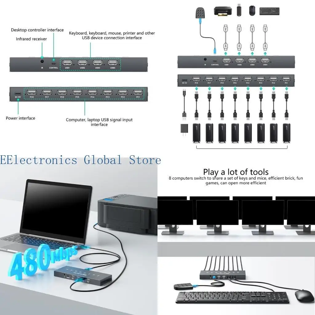 

462B USB2.0 Manual Sharing Switching Printer Sharing Device USB Hubs 8 in 4 Out Data Transfer Hubs Converters
