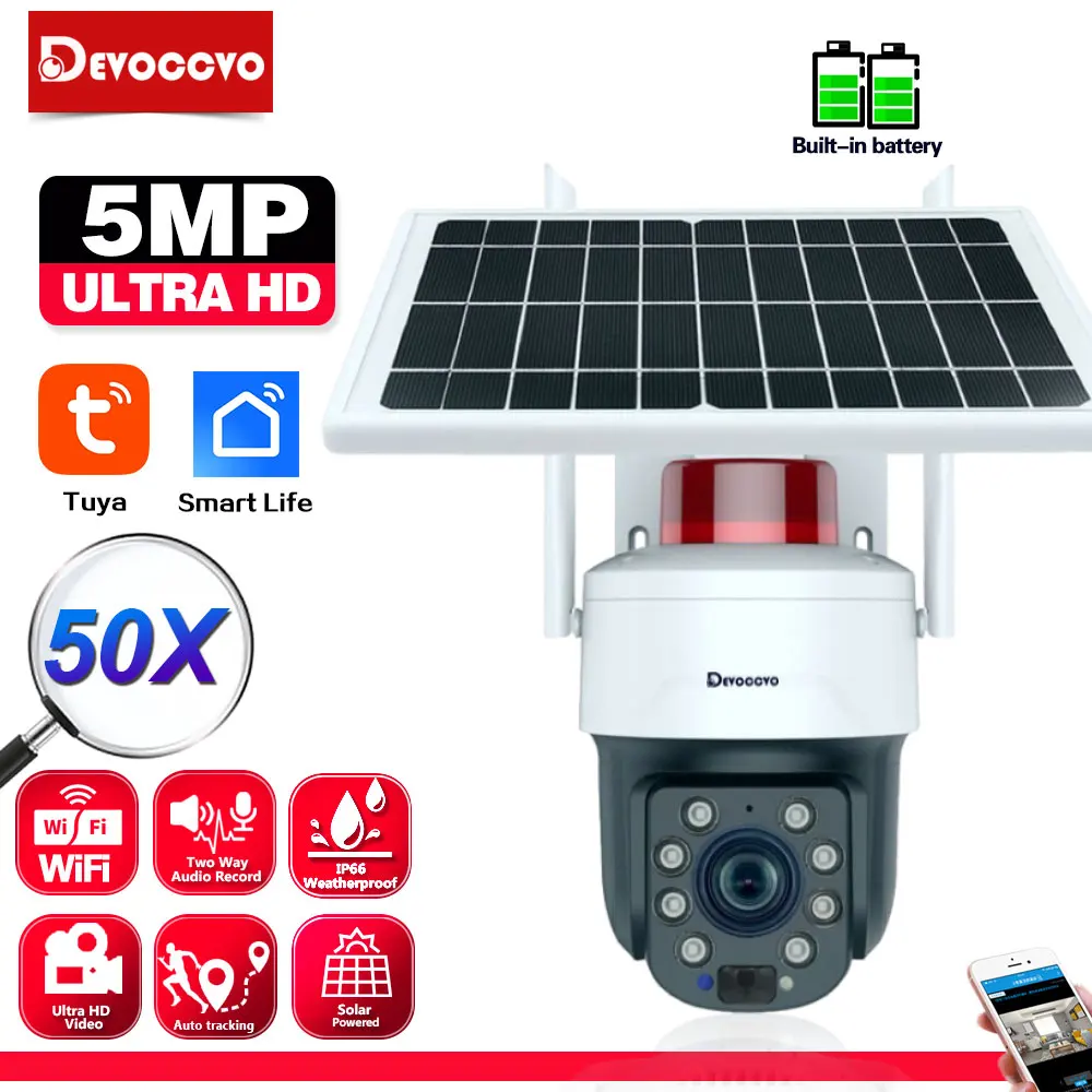 Tuya Solar Wifi IP Security Camera 50X 30X Optical Zoom Outdoor Auto Trakcing  Wireless PTZ CCTV Surveillance Camera Smart Life