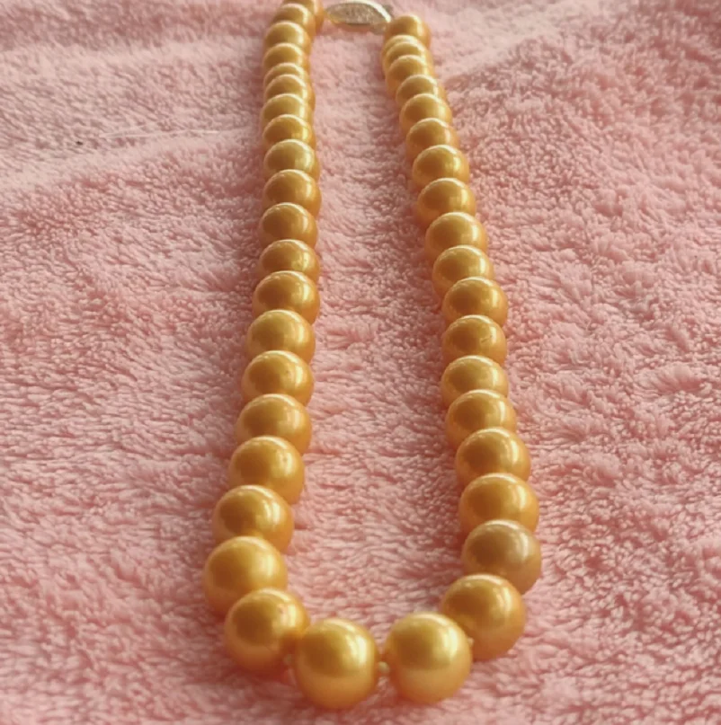 Huge AAAA+++ 10-11mm Real natural round South Sea Yellow pearl necklace 18Inch