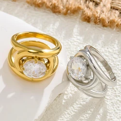 Stainless Steel Shinny Oval Zircon Ring for Women Girl Retro Gold Color Ring  New Design Jewelry