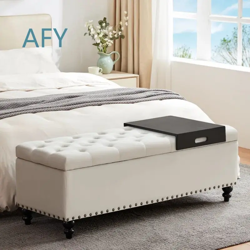 Bedroom Bed End Ottoman for Home Living Room Storage Stool with Velvet Upholstery Tufted Design Wooden Frame Shoes Bench