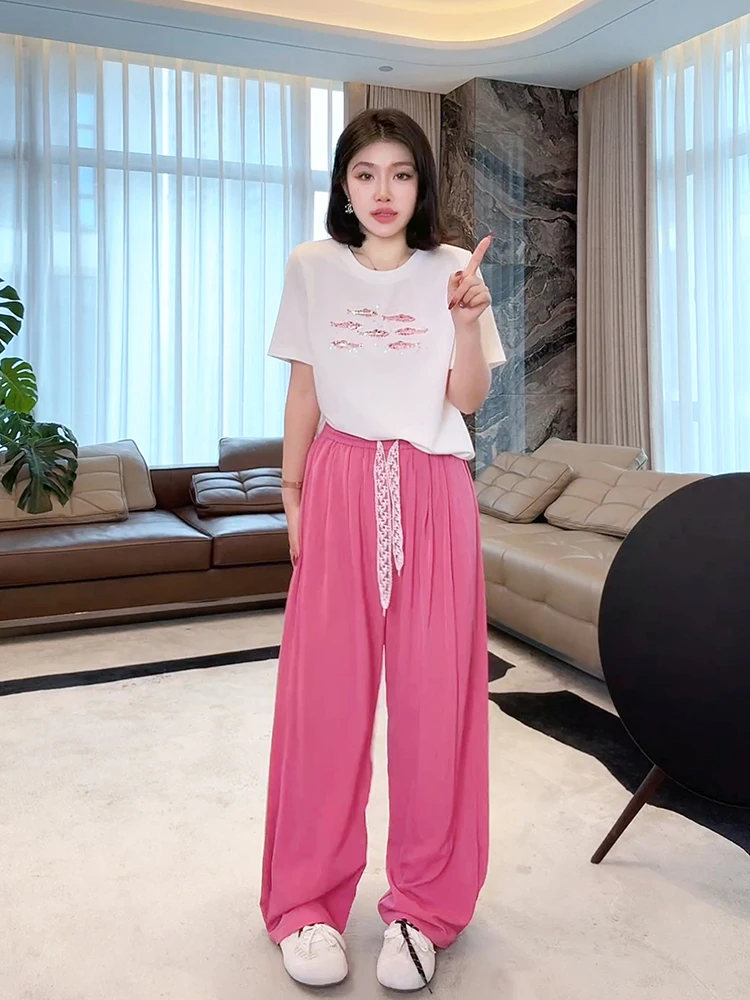 

Lao Yang's Hand-Sewn iny Sequin T-irt Women's Casual ort-Sve Top Bright Cotton Blend Summer Faion Commute Sle