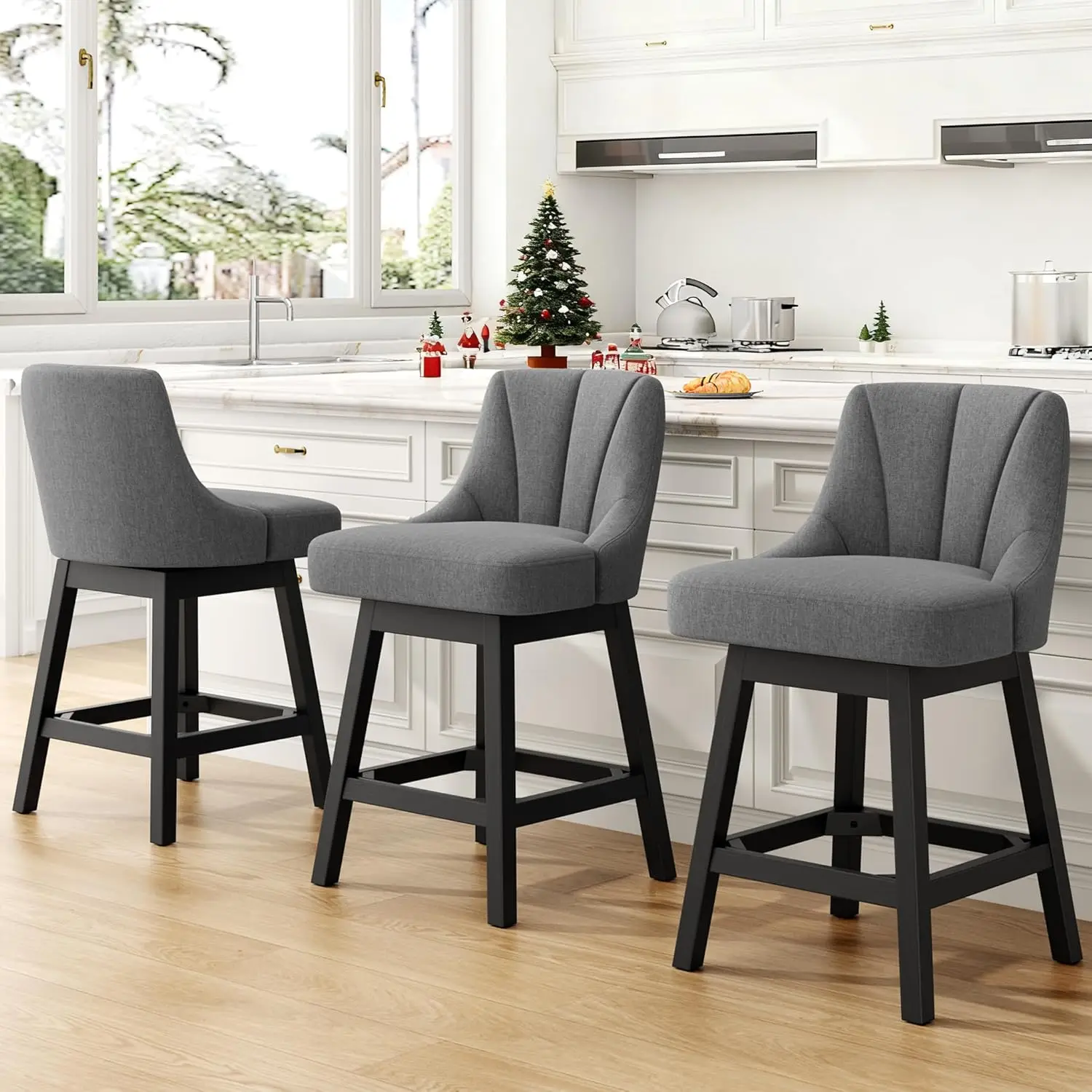 

Набор вращающихся барных стульев из 3 шт., барный стул с тканевой обивкой, современные кухонные остроконечные стулья 26 дюймов со спинкой и однотонным Woo