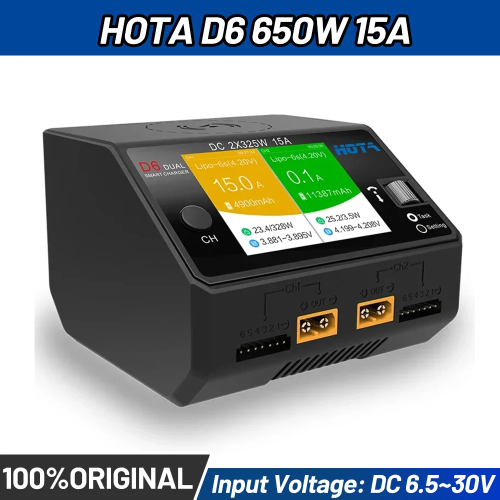 

HOTA D6 DC650W 15A Dual Smart Charger Maximum current 1600mA Built-in Micro USB for 1-6S Lipo LiHV/NiZn/Nicd/NiMH Battery