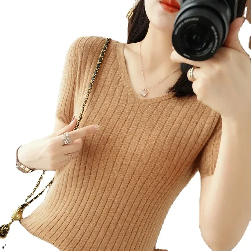 2024 Spring Summer Women Sweater V-neck Short Sleeve Tshirt Korean Fashion Knitwears Slim Fit Pullovers Bottoming Inner Knit Top