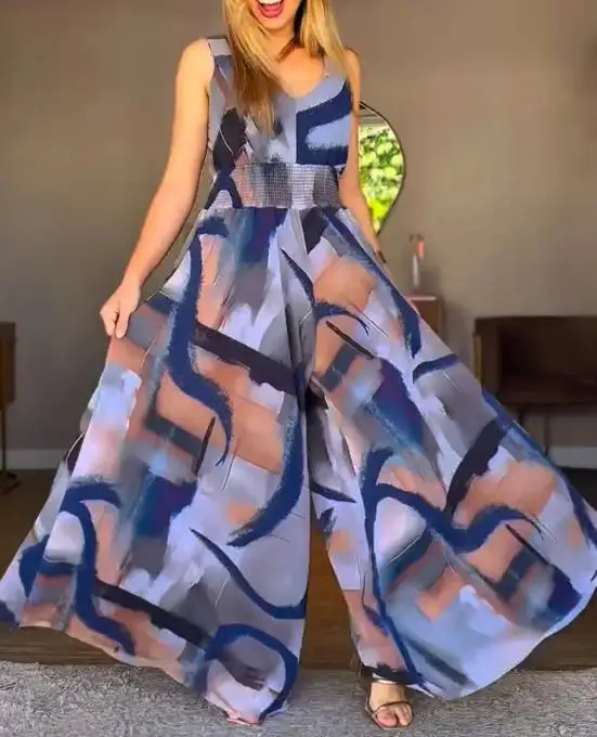 بذلة نسائية عتيقة مطبوعة تجريدية على شكل حرف v أشرطة سميكة عالية الخصر بدون ظهر وزرة غير رسمية بخصر عريض بذلة واسعة الساق